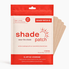 Shade Patch front packaging showing five XL sun patches and benefits