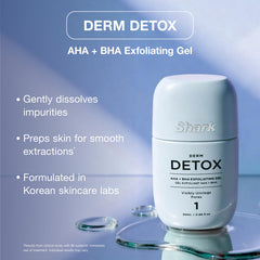 Shark Derm Detox AHA+BHA exfoliating gel pump with clear labeling and benefit