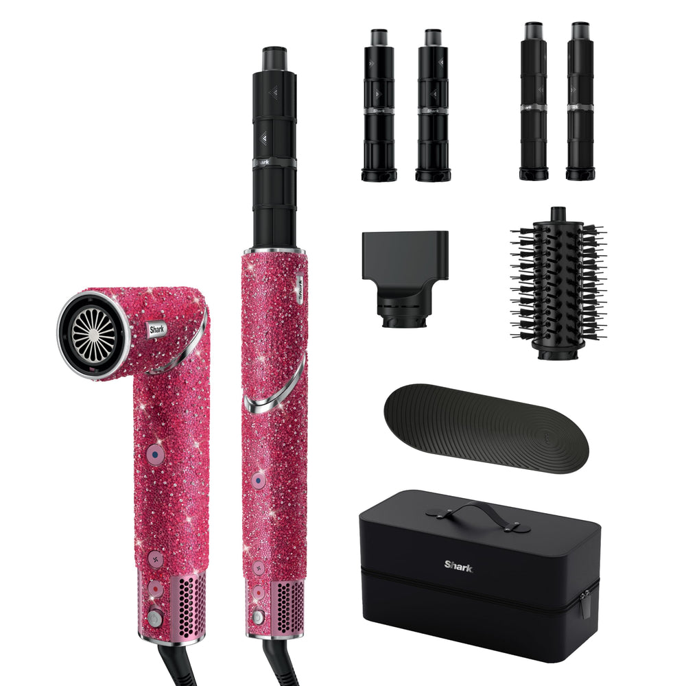 Shark FlexStyle MM100 front view showing pink sparkle finish and controls for stylish display