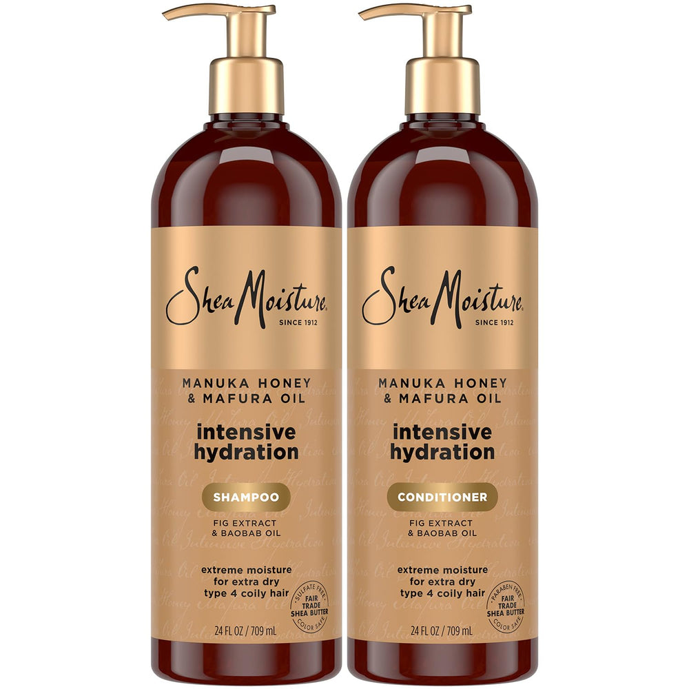 SheaMoisture front packaging showing full shampoo and conditioner set, clear hydration benefit