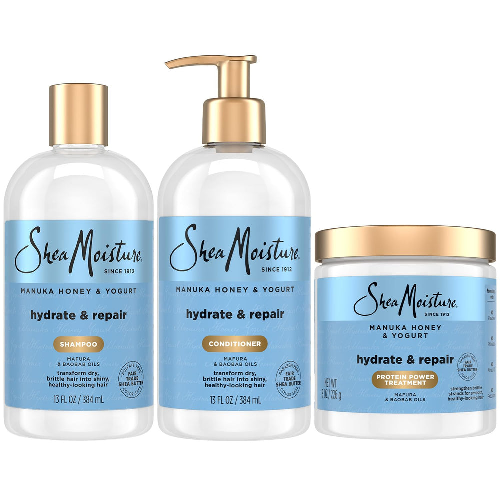 SheaMoisture front packaging showing complete Manuka Honey & Yogurt set for hair repair