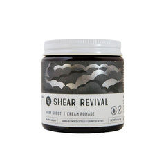 Shear Revival Gray Ghost front jar showing label and amber glass for reusable packaging