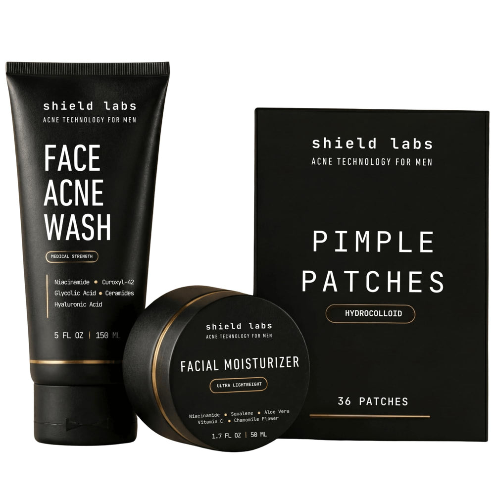 Shield front packaging showing complete two-month acne kit and benefits