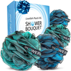 Shower Bouquet front packaging showing four XL charcoal loofahs, convenient family value