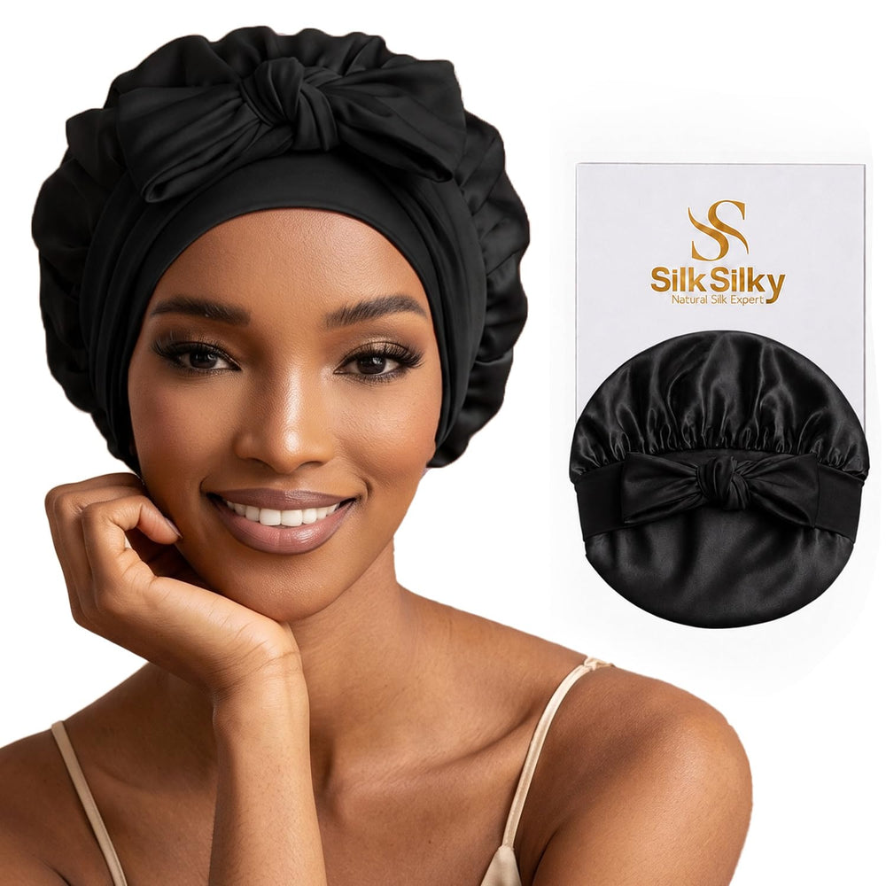 SilkSilky front view of black bonnet showing elegant fit and protection