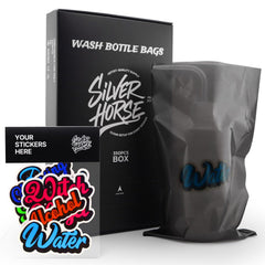 SILVERHORSE front packaging box showing 350 wash bottle bags and dispenser benefit