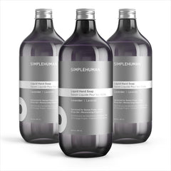 simplehuman front view of three lavender refill bottles showing packaging and eco benefit