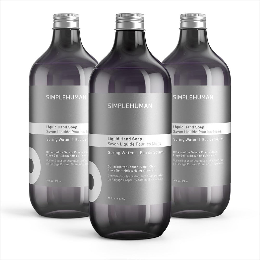 simplehuman front packaging showing three 30 fl oz bottles and floral label benefits