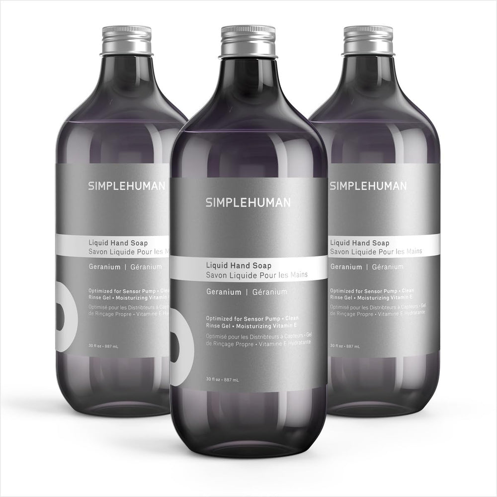 simplehuman geranium refill bottle front view shows label and clear volume, convenient bulk supply