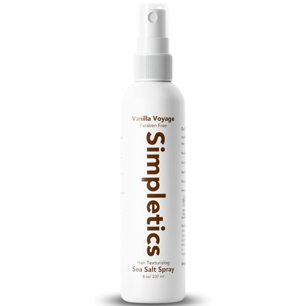 Simpletics front bottle image showing vanilla sea salt spray, easy beachy texture