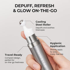 SKIN & LAB serum held in hand to show compact travel-friendly size