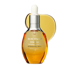 SKINN face oil front packaging showing elegant bottle and glow benefits