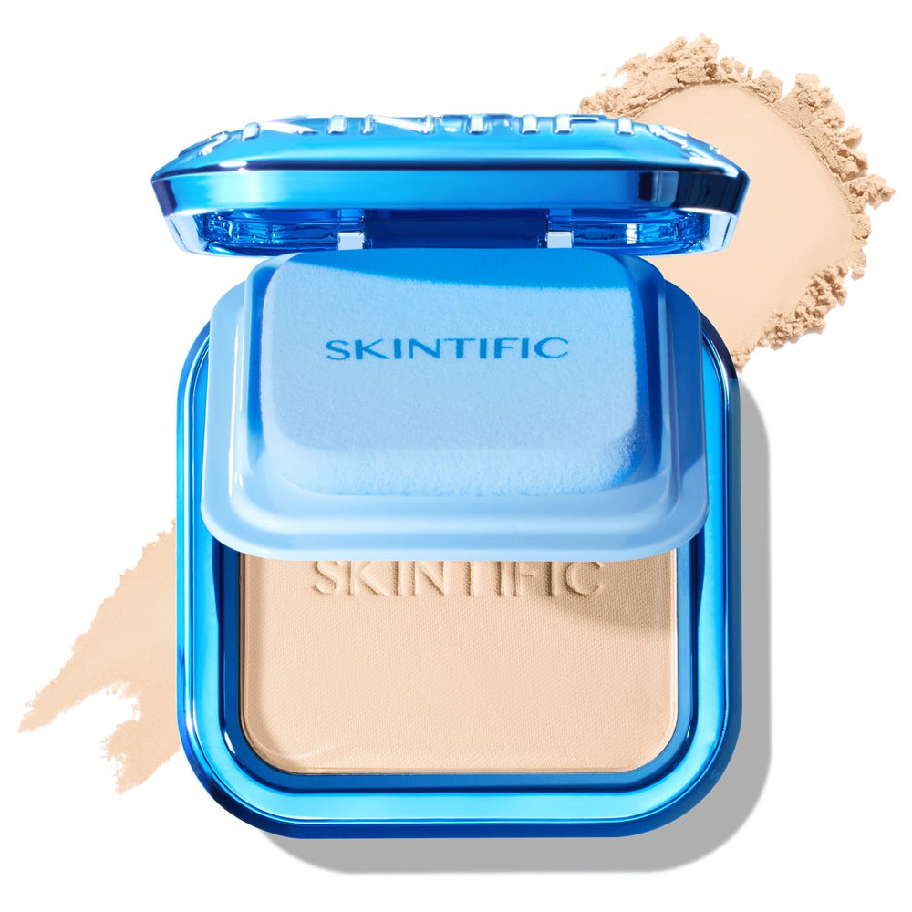 SKINTIFIC compact front view showing shade 02 Ivory and sleek packaging benefit: portable coverage