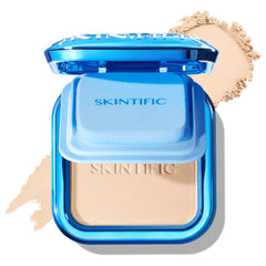 SKINTIFIC compact front view showing shade 02 Ivory and sleek packaging benefit: portable coverage