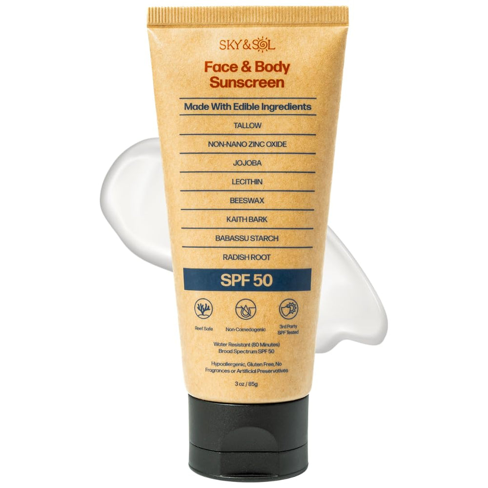 Sky and Sol front packaging shows SPF 50 and natural ingredients, clear protection