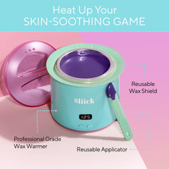 Sliick warmer filled with wax beads demonstrating versatile formula compatibility