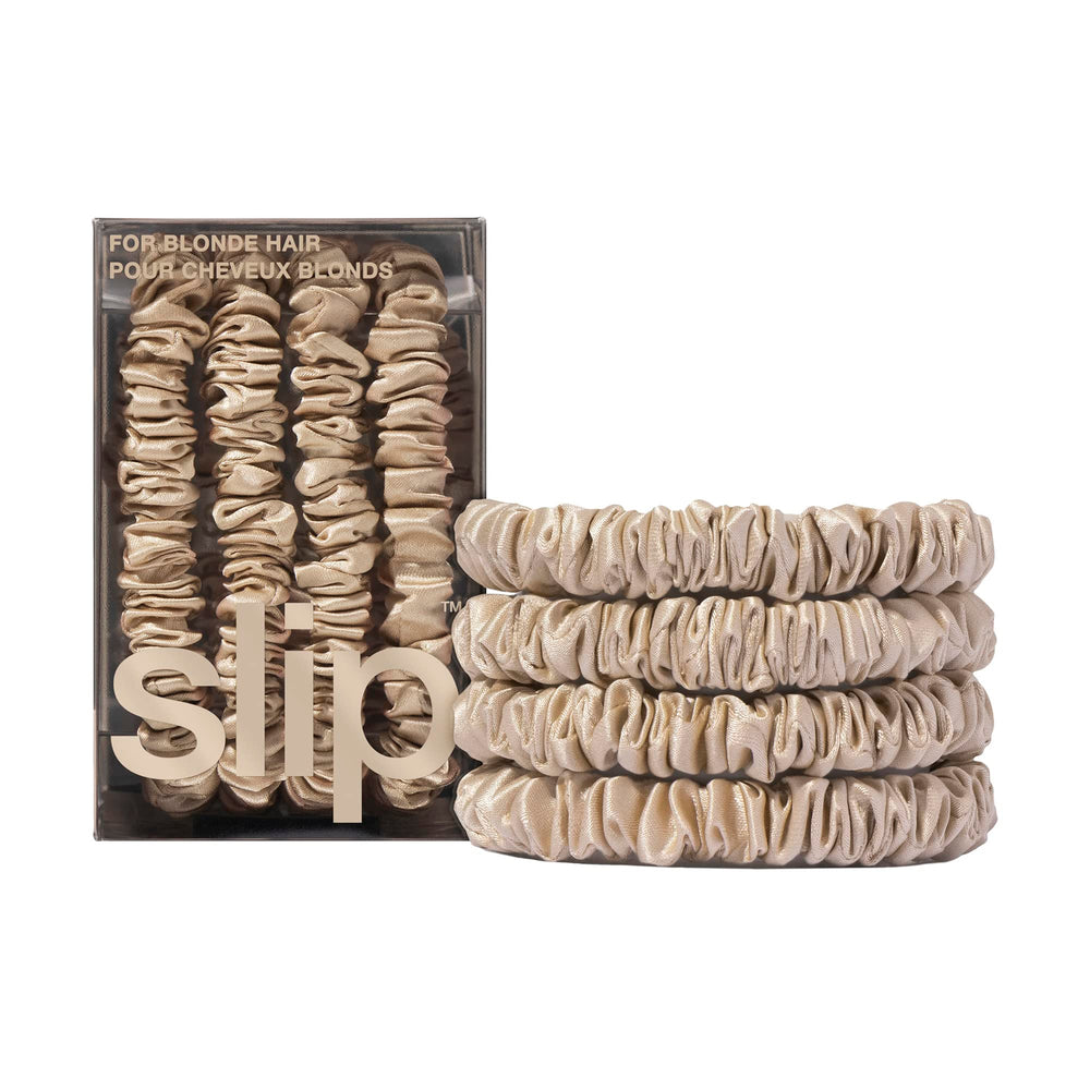 SLIP front packaging showing four blonde silk skinny scrunchies, elegant presentation