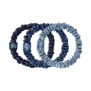 SLIP front view of three skinny silk scrunchies showing colors and packaging benefits