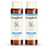 Soapbox front packaging of argan oil vanilla set highlighting duo benefits