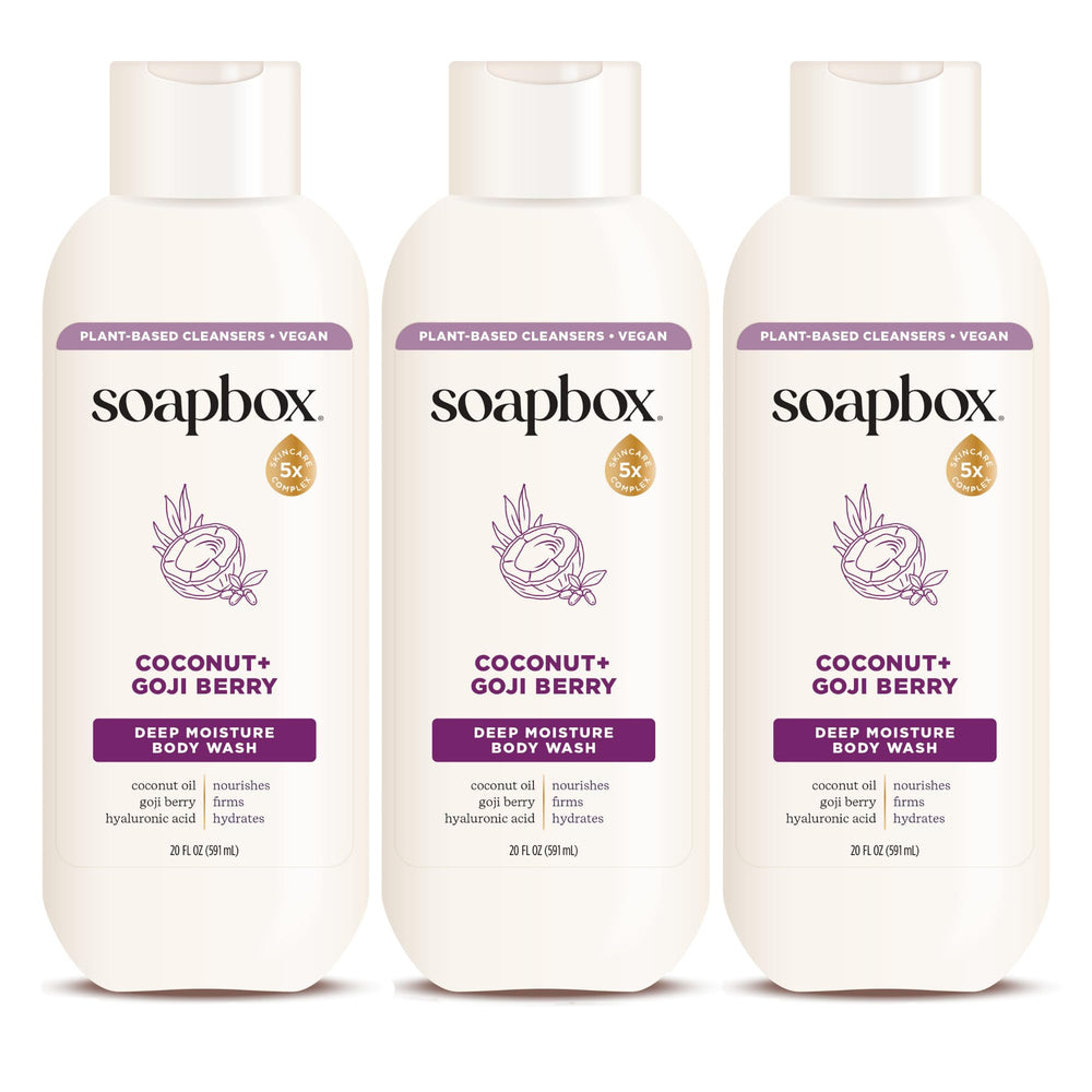 Soapbox Coconut & Goji Berry front packaging showing bottle and branding for gentle hydration