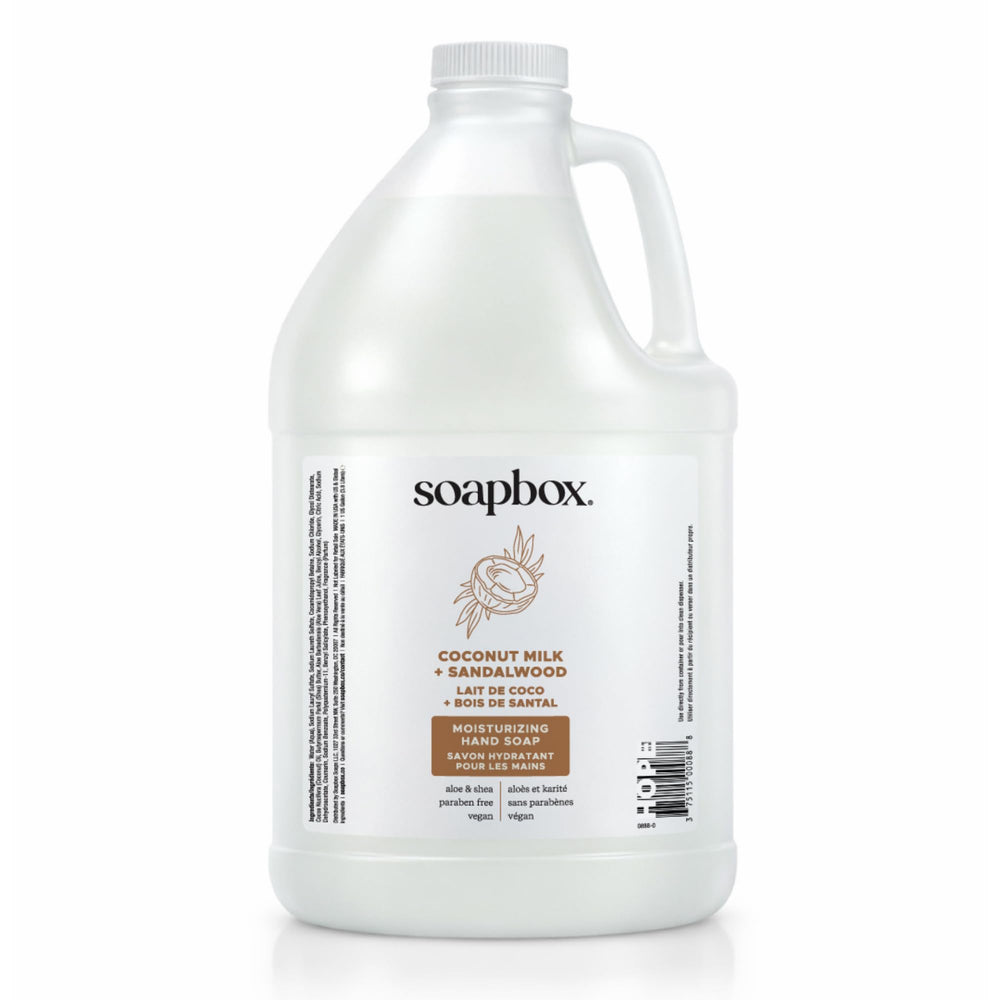 Soapbox gallon bottle front view showing brand and scent, professional refill solution