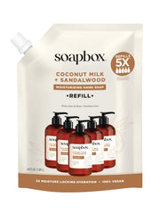 Soapbox 64oz refill front label showing product name and scent benefit