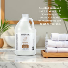 Soapbox label close-up highlighting coconut milk, sandalwood, and ingredient benefits