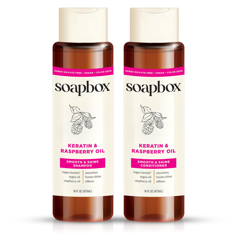 Soapbox front packaging showing shampoo and conditioner and clear product benefits