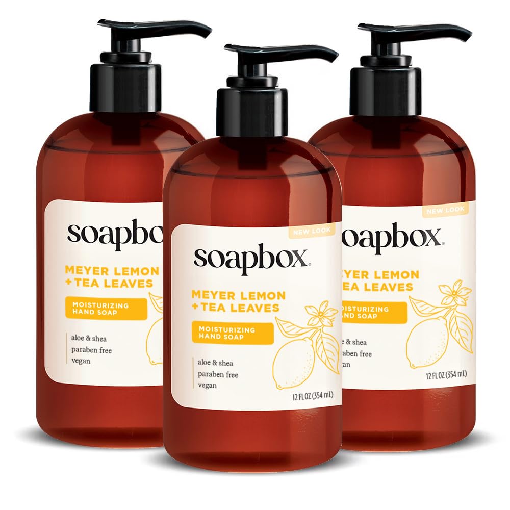 Soapbox bottle front packaging showing Meyer Lemon & Tea Leaves branding and freshness