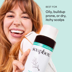 Soapbox shampoo pouring into hand to show easy dispensing