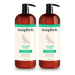 Soapbox front packaging showing tea tree mint benefits for refreshed scalp