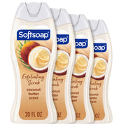 Softsoap front label showing coconut butter scent and exfoliating benefit