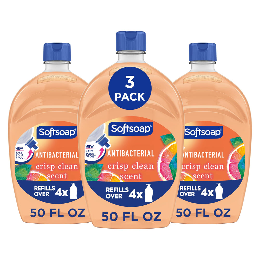 Softsoap front packaging showing 50 fl oz refill and easy-pour convenience