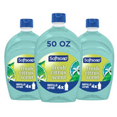Softsoap front label on 50 fl oz antibacterial refill showing brand and scent benefit