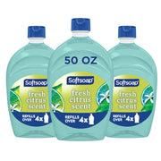 Softsoap front label on 50 fl oz antibacterial refill showing brand and scent benefit