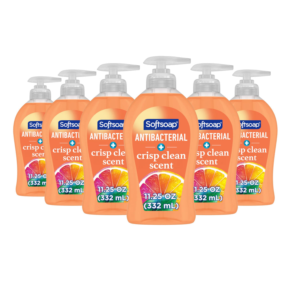 Softsoap front pump bottle showing crisp clean scent and easy dispensing benefit