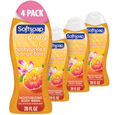 Softsoap front label showing honeysuckle and orange, bright cheerful packaging benefit