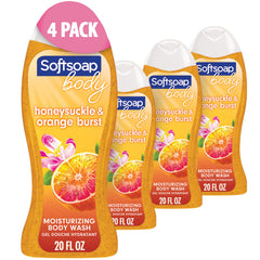 Softsoap front label showing honeysuckle and orange, bright cheerful packaging benefit