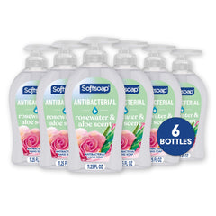 Softsoap bottle front packaging showing rosewater and aloe scent and easy dispensing benefit
