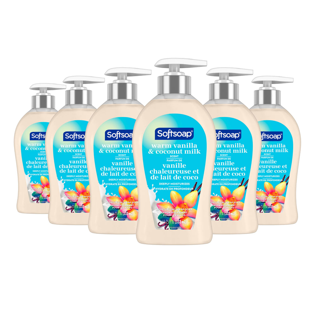 Softsoap front packaging showing warm vanilla and coconut milk fragrance and benefits