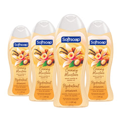 Softsoap front bottle view showing warm vanilla scent and moisturizing benefit