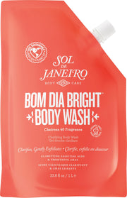 Sol de Janeiro front pouch showing sleek refill packaging and eco benefit