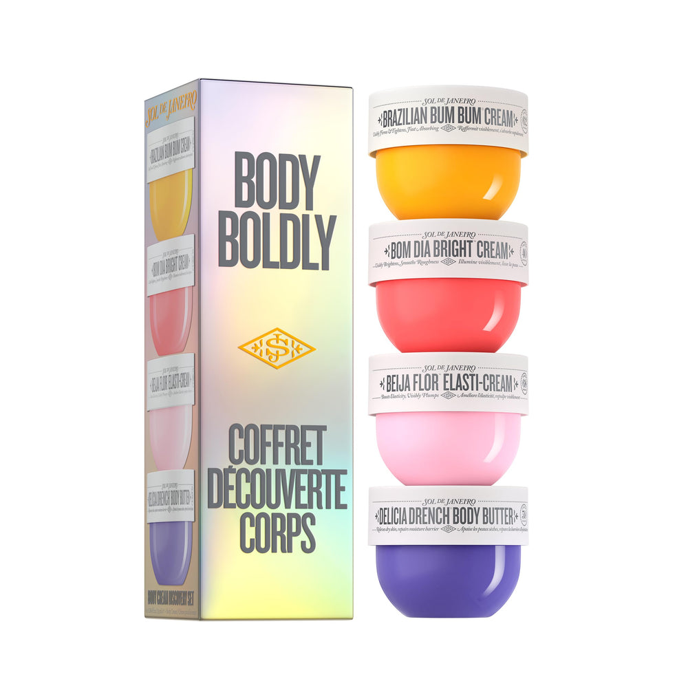 Sol de Janeiro discovery set front packaging showing four minis and benefits