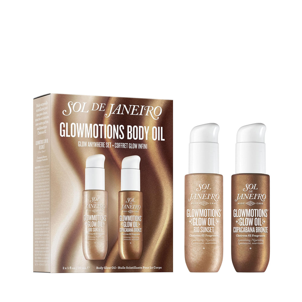 Sol de Janeiro front packaging of Glowmotions duo shows travel-ready shimmer oils