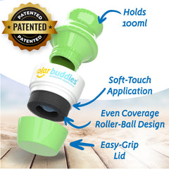 Solar Buddies roller close-up showing smooth dispenser for even sunscreen spread