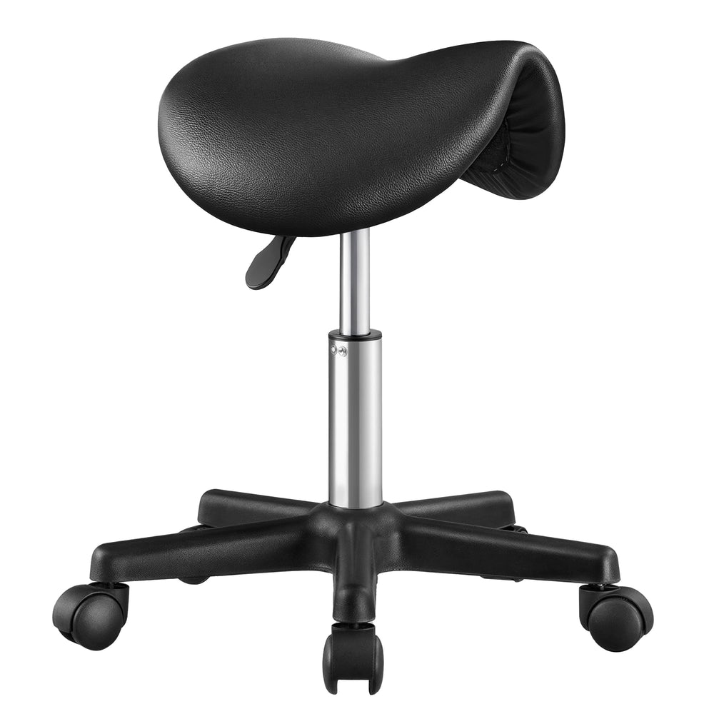 SONGMICS saddle stool front view showing compact ergonomic design and mobility
