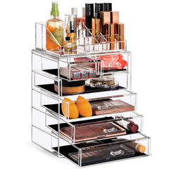 Sorbus clear organizer front view showing neat cosmetic storage and easy access