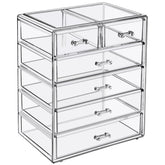 Sorbus front view of clear 6-drawer organizer showing neat cosmetics for quick access
