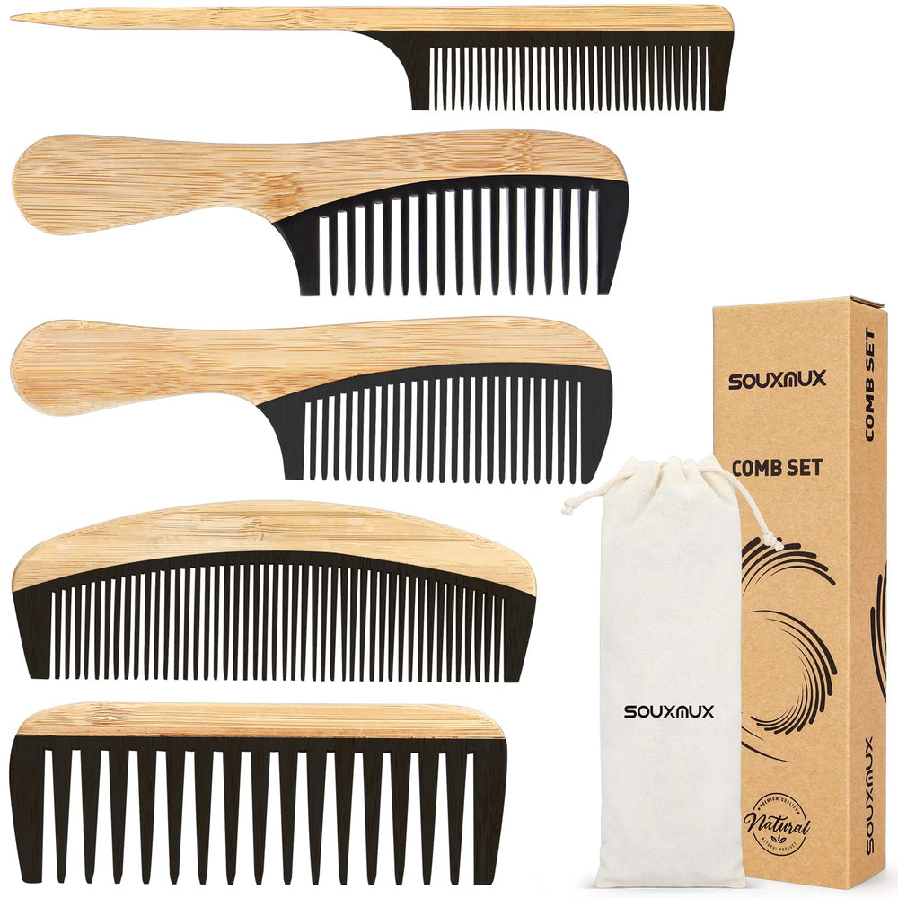 SouxMux front packaging showing five bamboo combs and pouch, organized for travel benefit