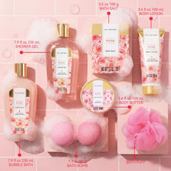 spa luxetique arranged contents flatlay displaying full eight-piece set for gifting